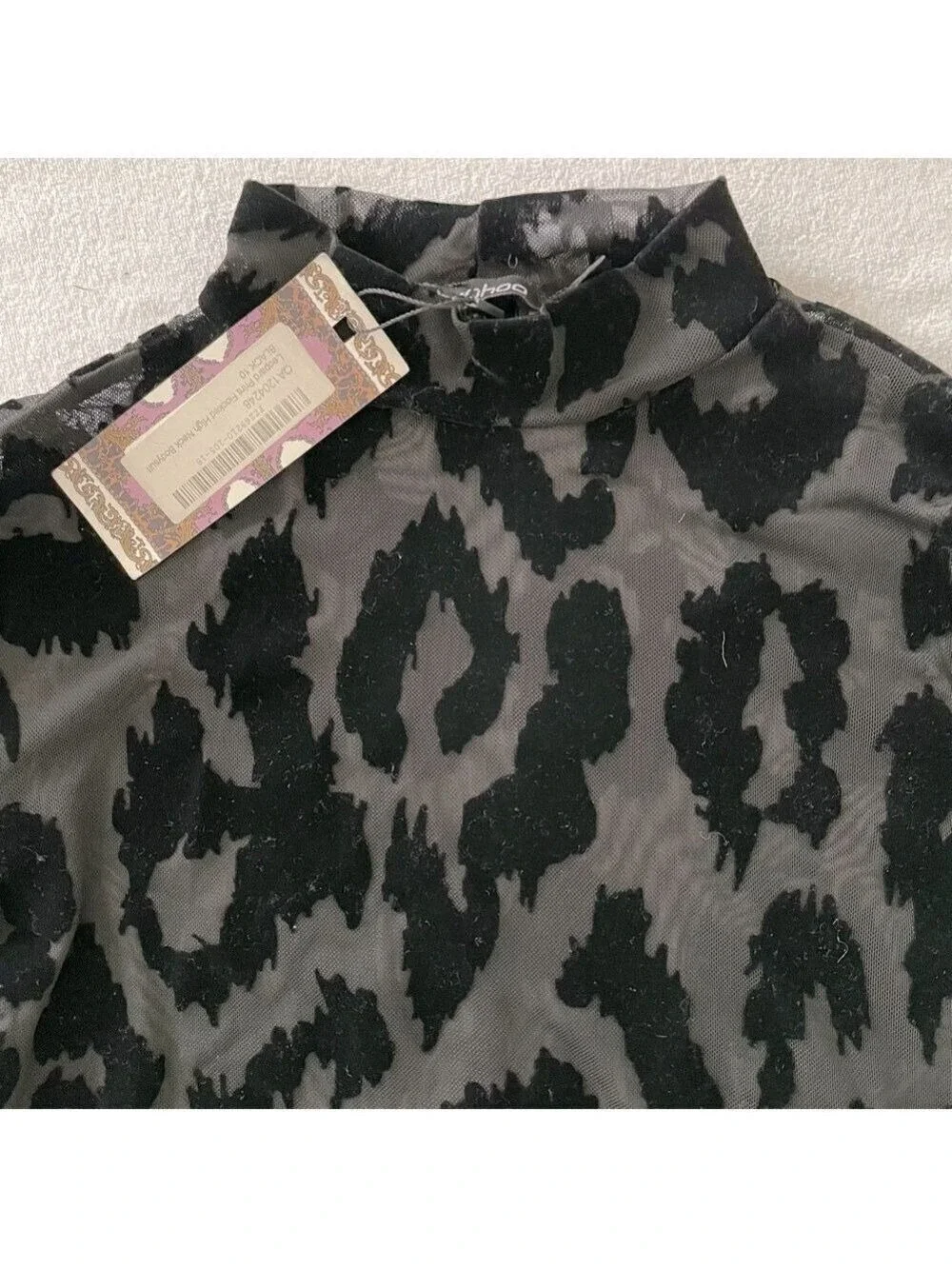 NWT Boohoo Leopard Flocked High Neck Bodysuit Size 6